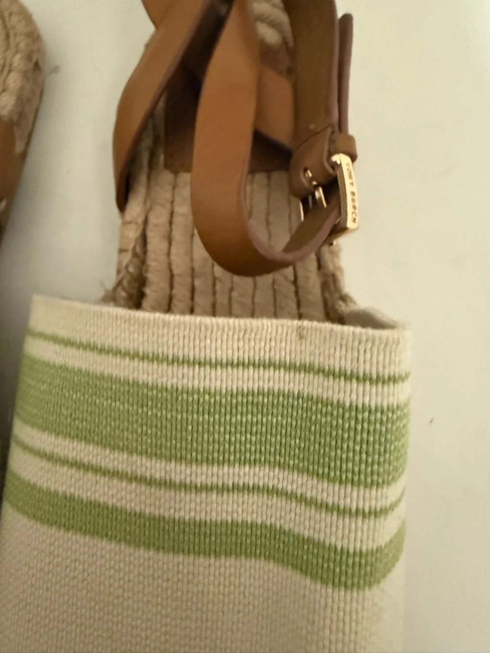 TORY BURCH Elastic Awning Stripe Espadrille Sandal Green Ivory Brown Size 6.5
